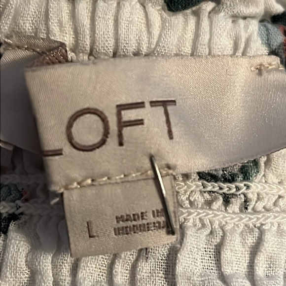 LOFT smocked‎ peplum puff sleeves white green floral top Sz L - Picture 6 of 10